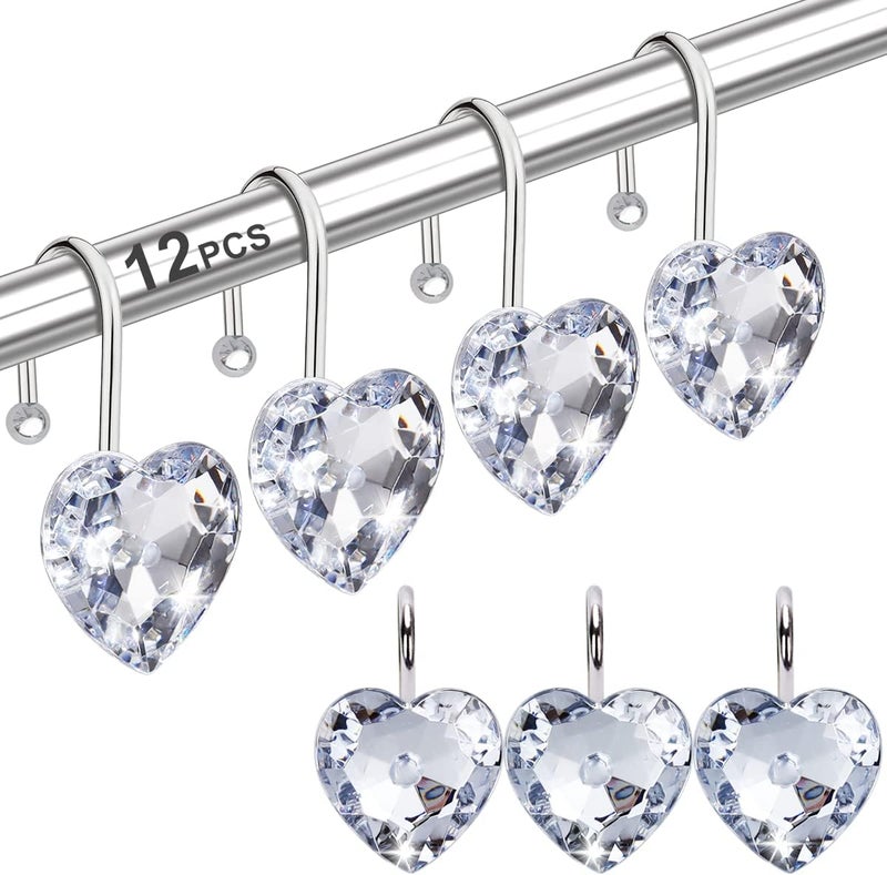 Yapicoco Shower Curtain Hooks Rings for Bathroom, 12PCS Heart Stainless Steel Rust Resistant Decorative Rhinestones Shower Curtain Rings Hangers for Shower Curtains (Single Hook Clear) - Image 1